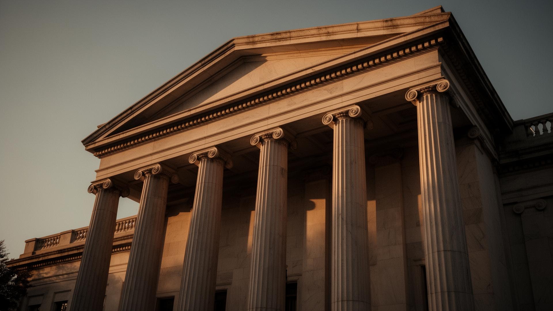 Neoclassical government building facade in Washington, DC — Ionic columns and pediment in warm late-afternoon light.